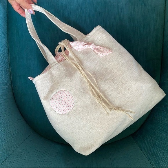 Handmade Linen Tote Bag Pink Floral Heart Drawstring Cottagecore Beige Large - Picture 3 of 10